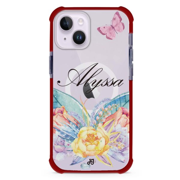 Butterfly and Abloom Rose iPhone 14 MagSafe Compatible Ultra Shockproof Case Cheap